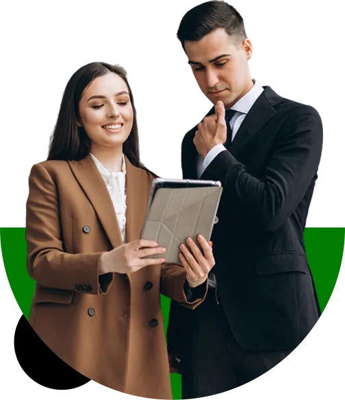 Two colleagues reviewing merchant information on a tablet